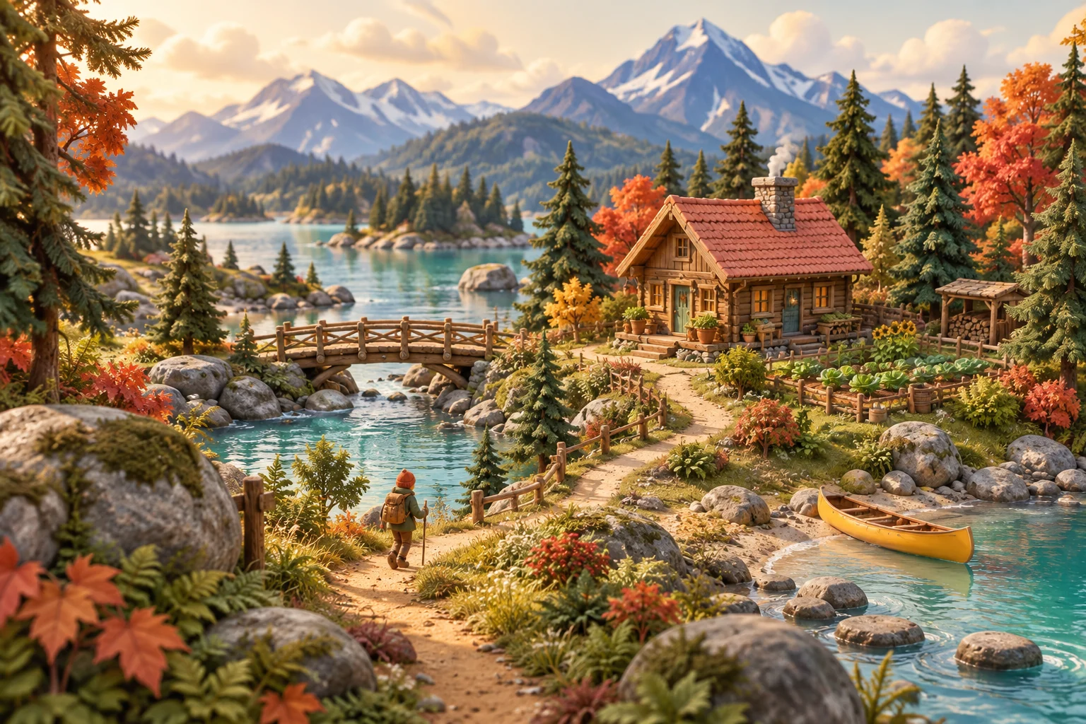 A quiet cedar cabin beside a mountain lake at golden hour